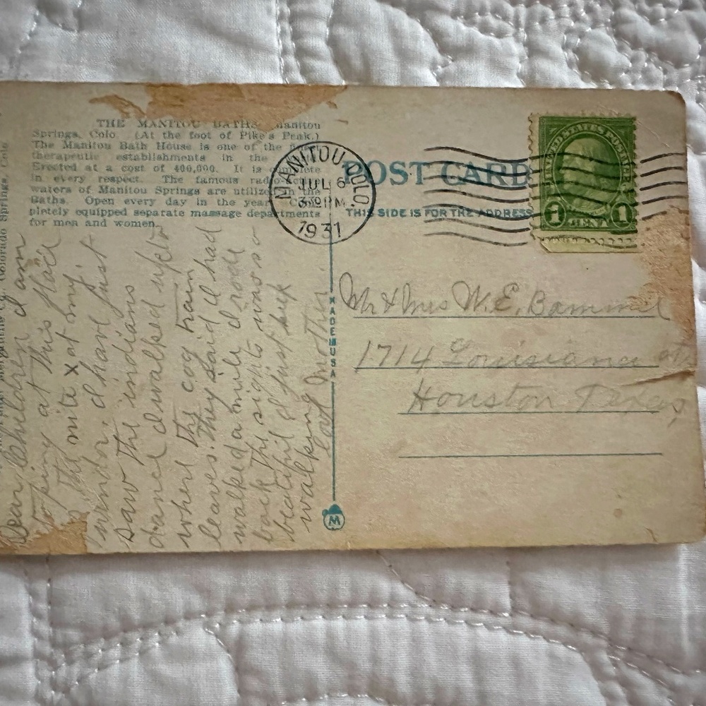 Benjamin Franklin ONE CENT STAMP ON 1931 MANITU SPRINGS BATH HOUSE POSTAL CARD